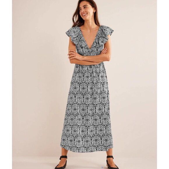 Boden Dresses & Skirts - Boden Size 4 NEW Black & White Geo Print Deep V-Neck Tie Back Jersey Maxi Dress